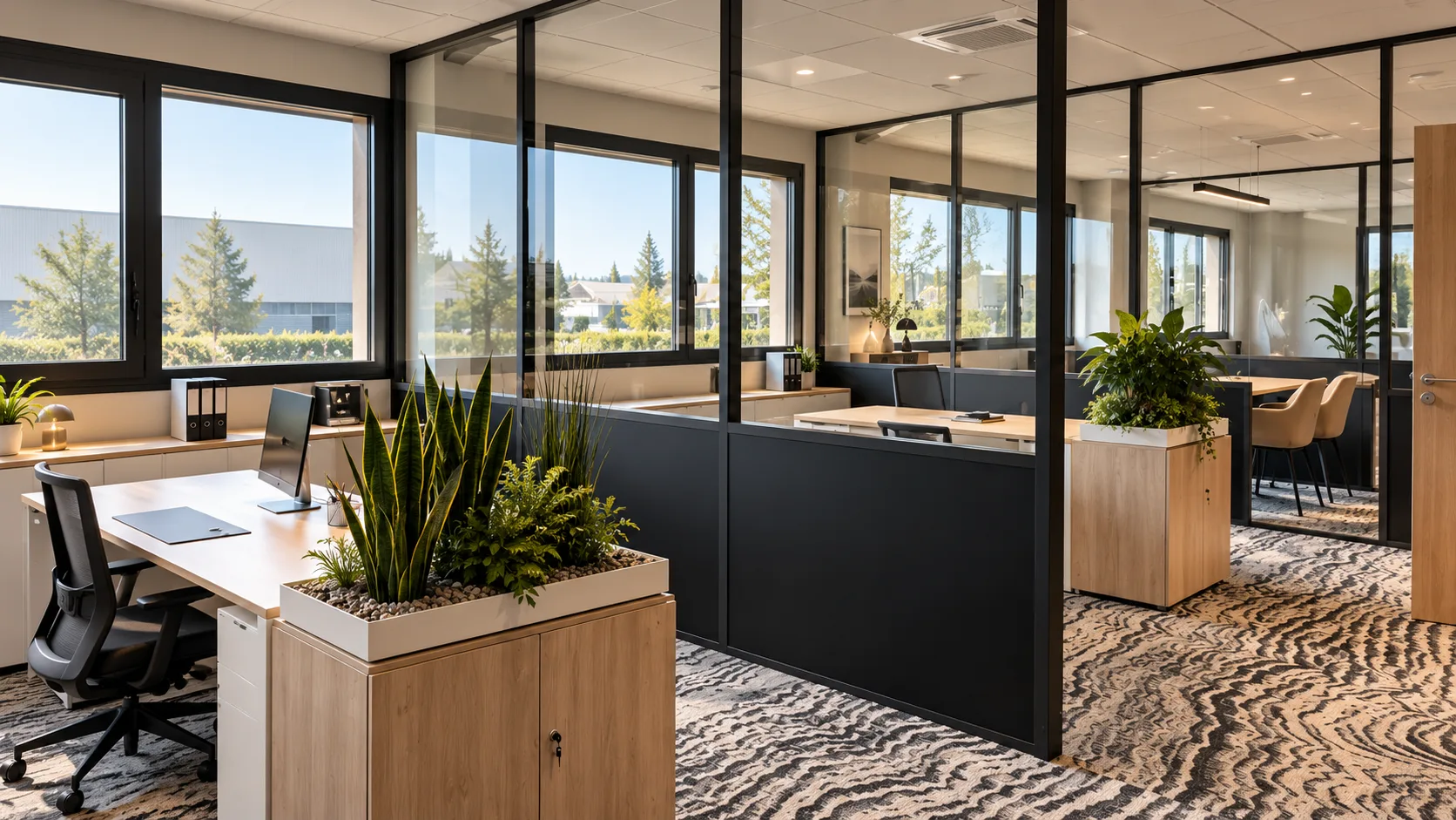 Plateau de bureaux cloisonné par des parois vitrées à ossature noire, avec jardinières en bois clair, aménagé par ECP
