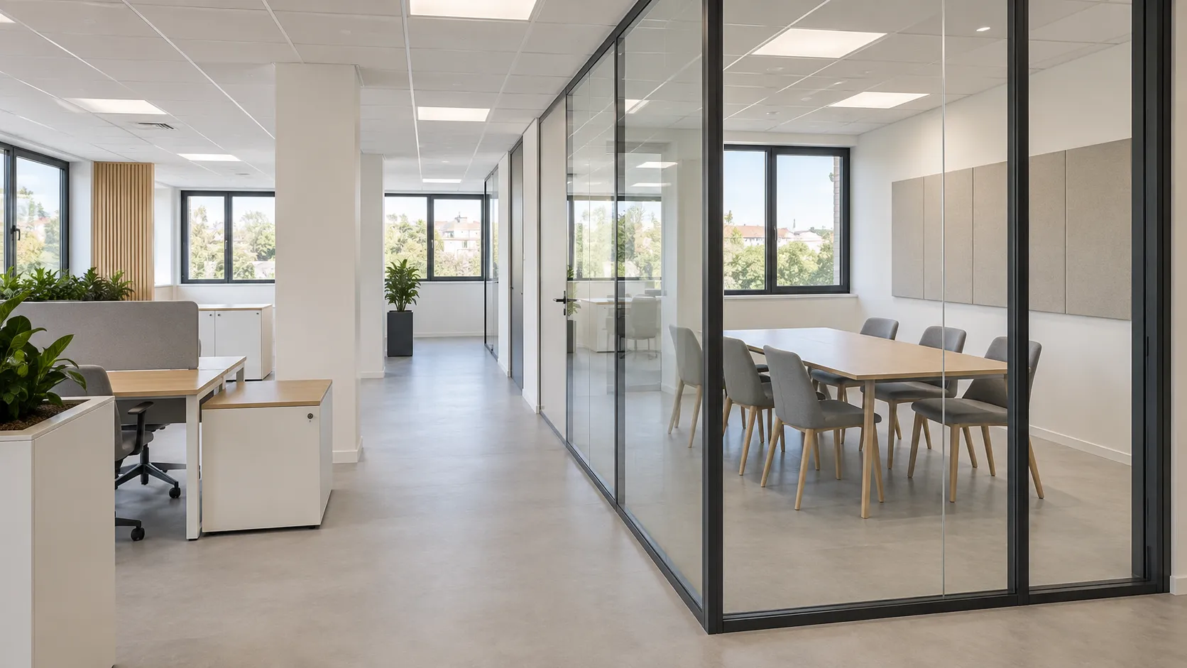 Plateau polyvalent associant postes de travail ouverts et salle de réunion vitrée