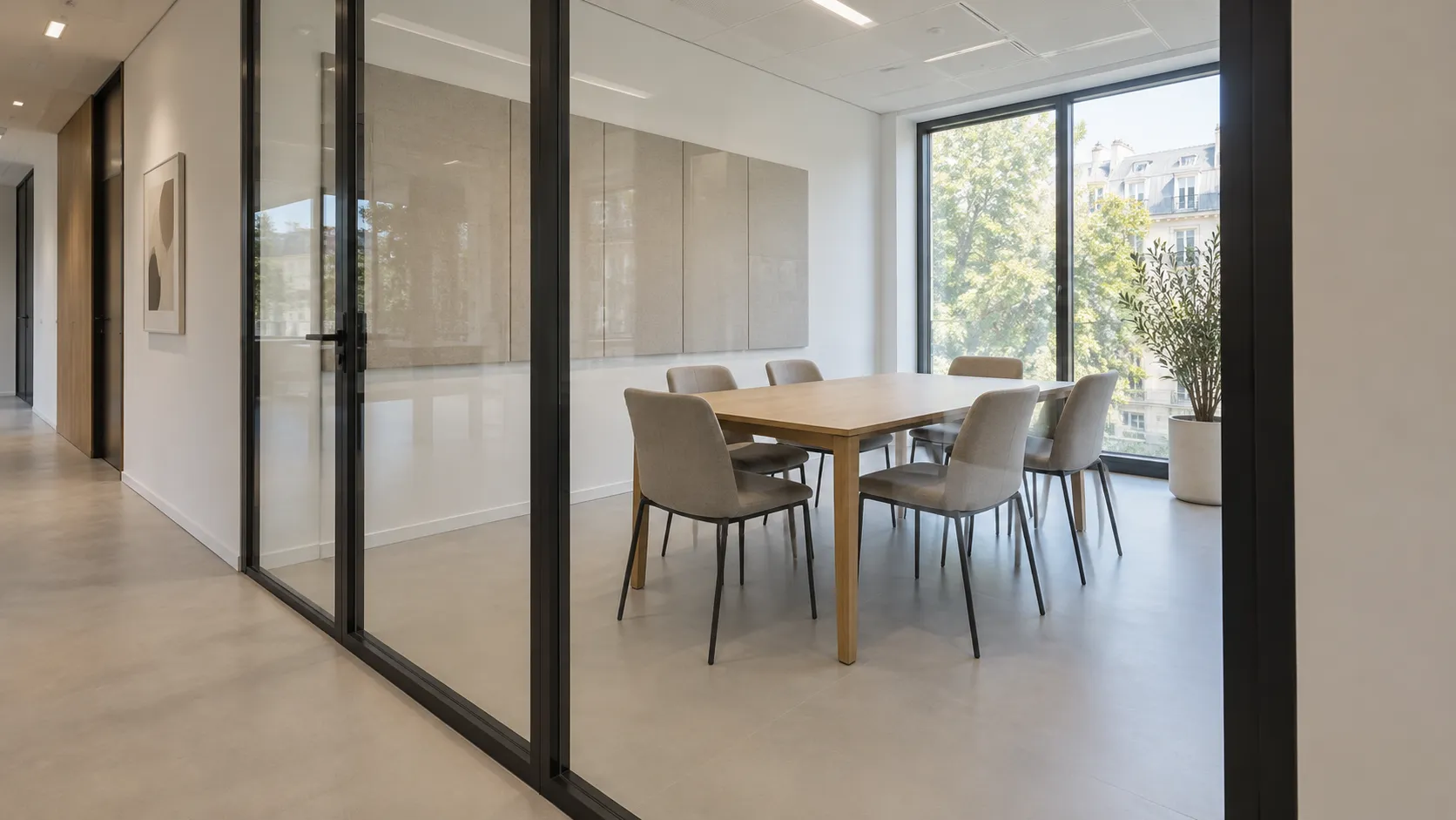 Salle de réunion fermée par une cloison vitrée à ossature noire, avec panneaux acoustiques muraux