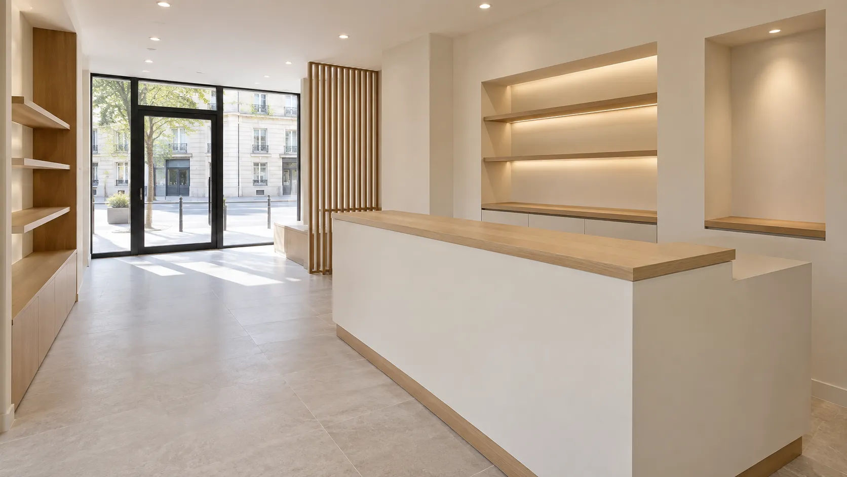 Comptoir de vente en bois clair et niches murales éclairées dans un commerce
