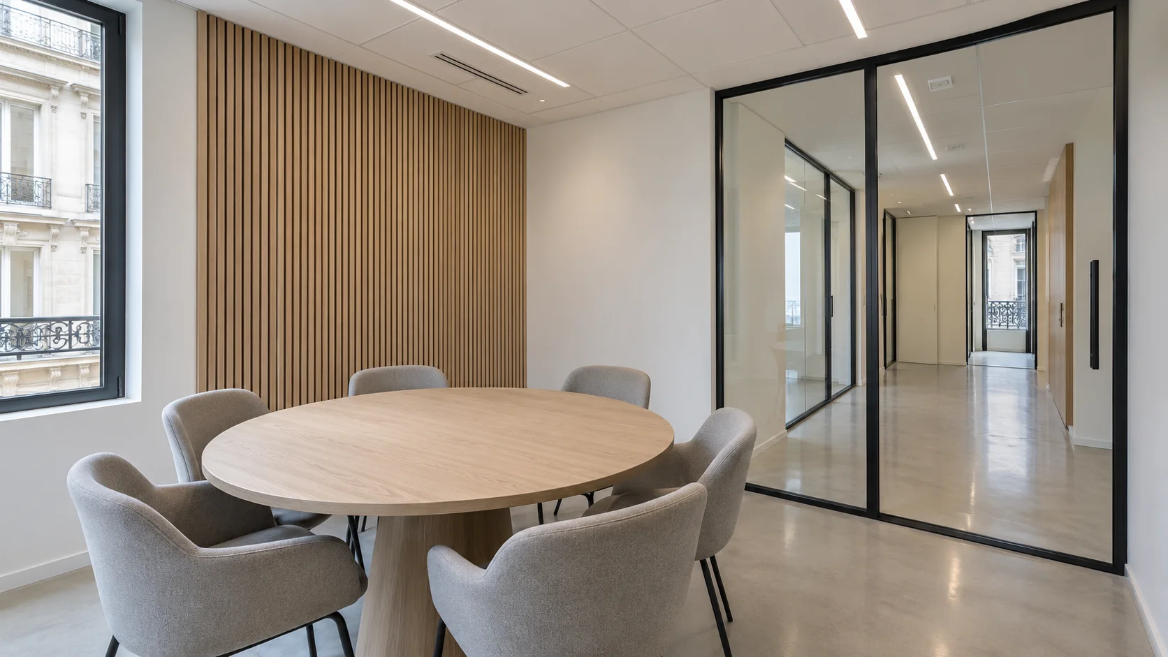 Salle de réunion à table ronde, cloison vitrée à ossature noire et mur en tasseaux de chêne