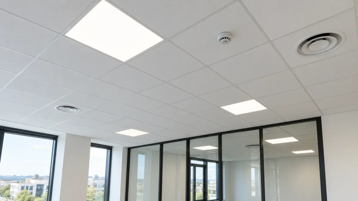 Faux plafond en dalles acoustiques avec éclairage encastré à Villeurbanne, chantier ECP mis en avant sur la page d'accueil