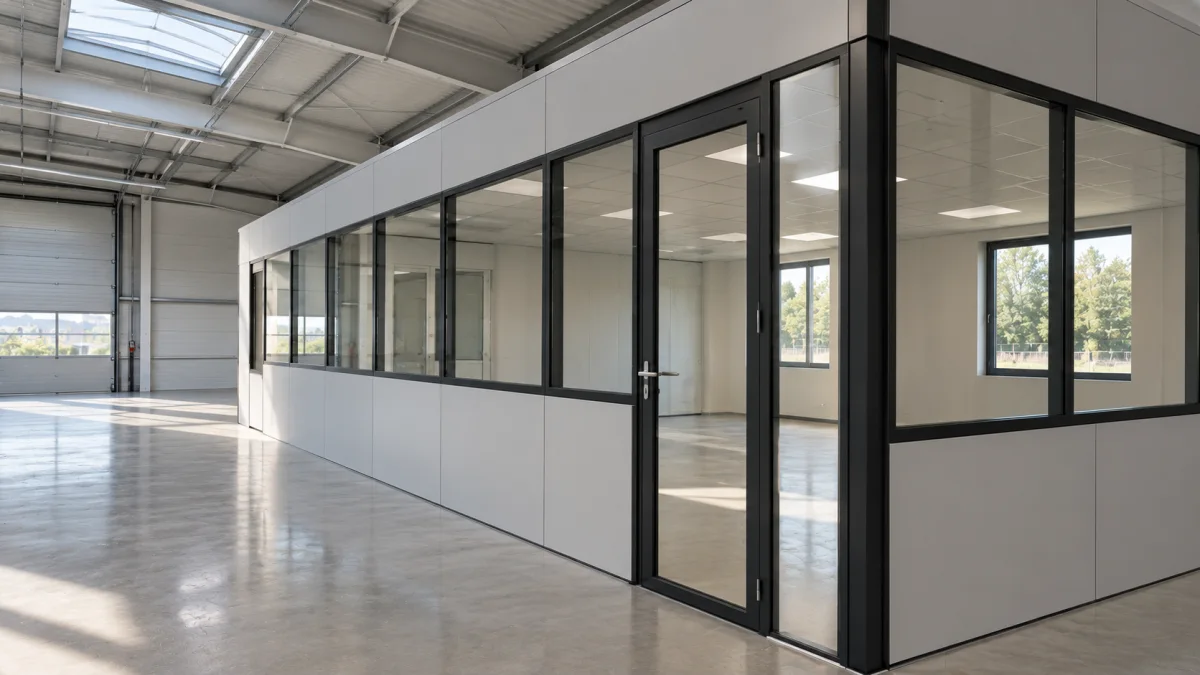 Pose de cloisons pour des bureaux en hall industriel à Vénissieux, chantier réalisé par ECP