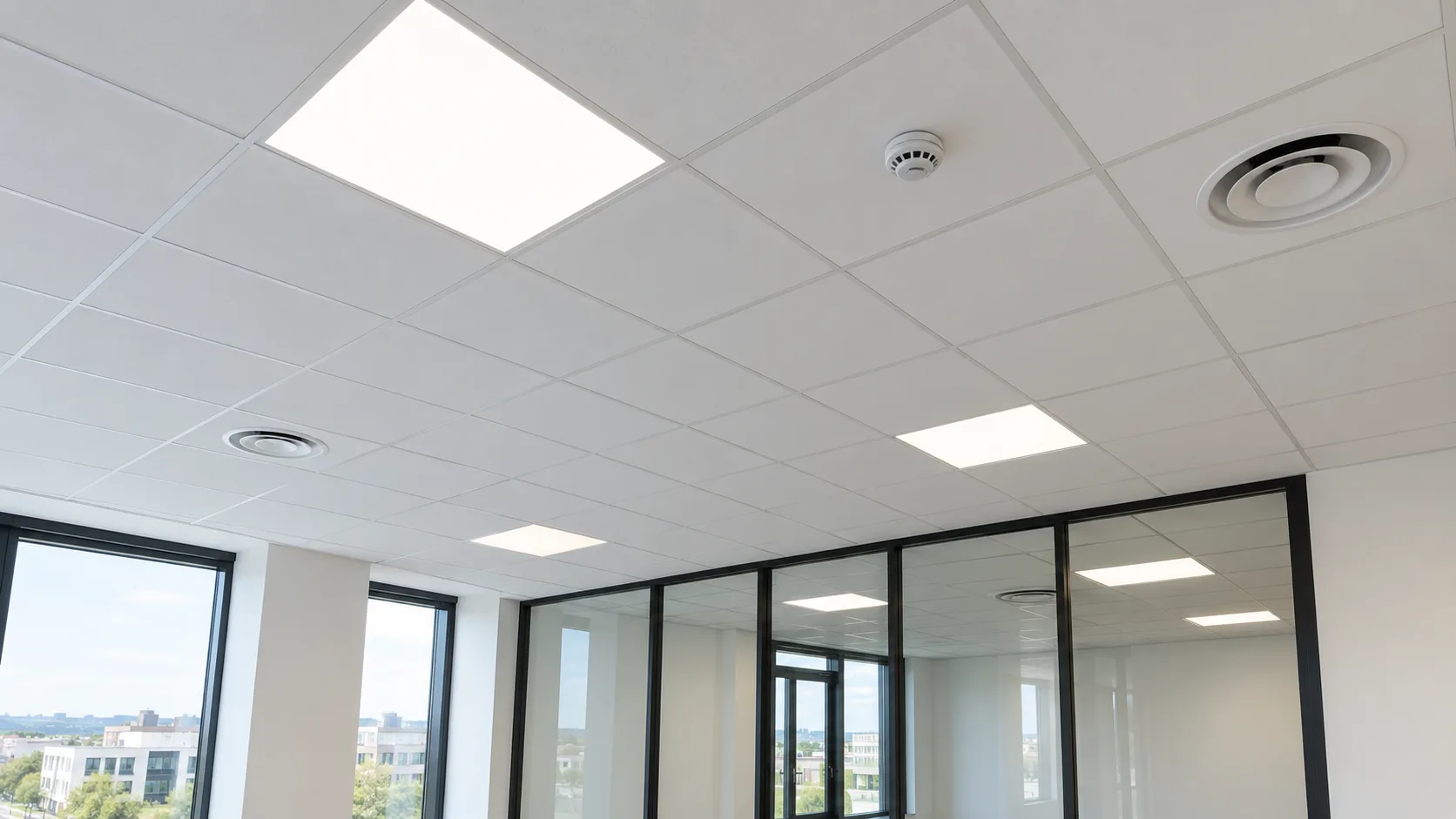 Faux plafond suspendu à dalles 60x60 équipé de dalles LED, d'un détecteur de fumée et de diffuseurs de ventilation, ECP à Bourg-en-Bresse, Béligneux et Meximieux