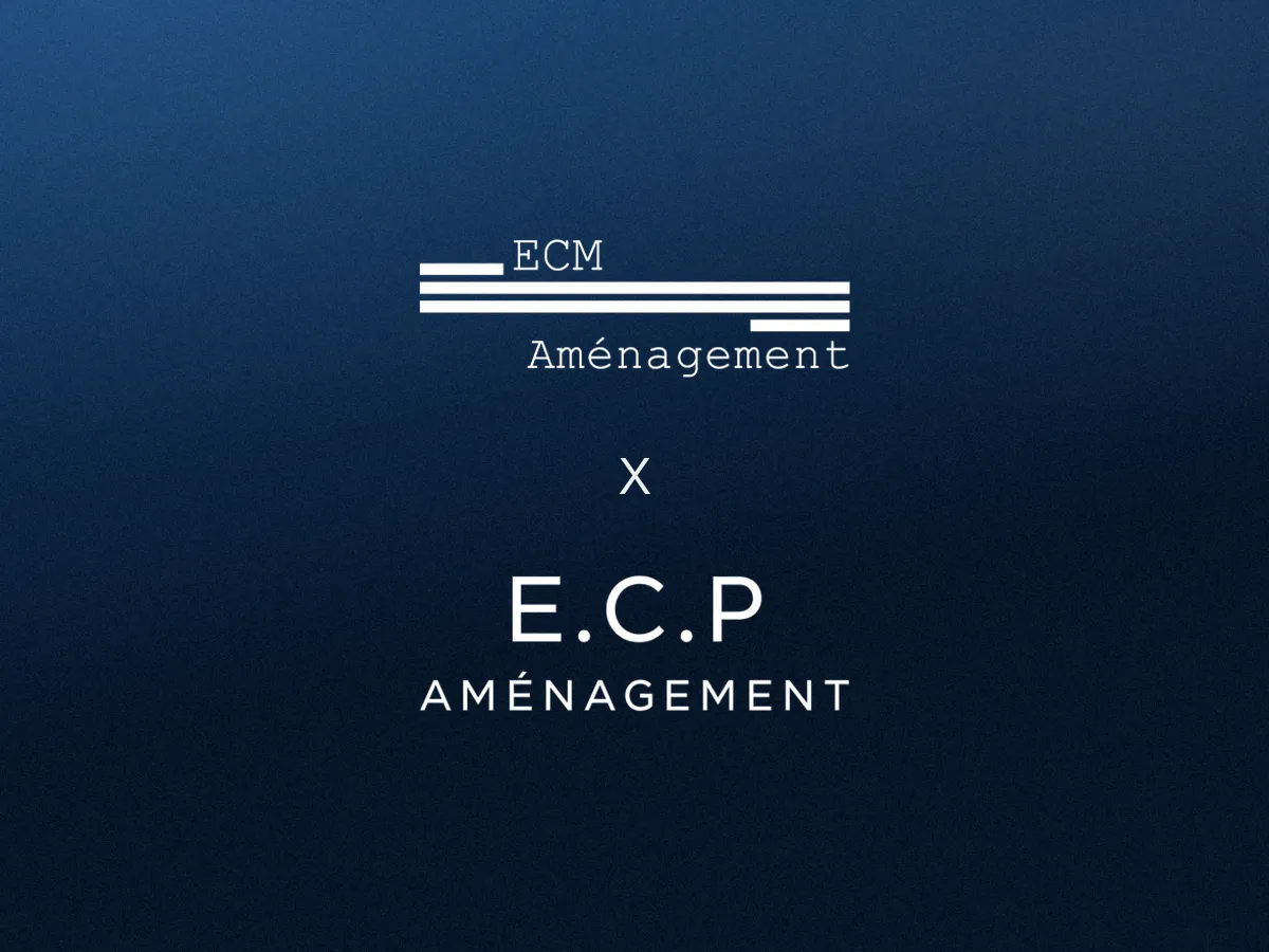 Les logos ECM Aménagement et ECP Aménagement superposés, séparés par un x, les deux entreprises du groupe