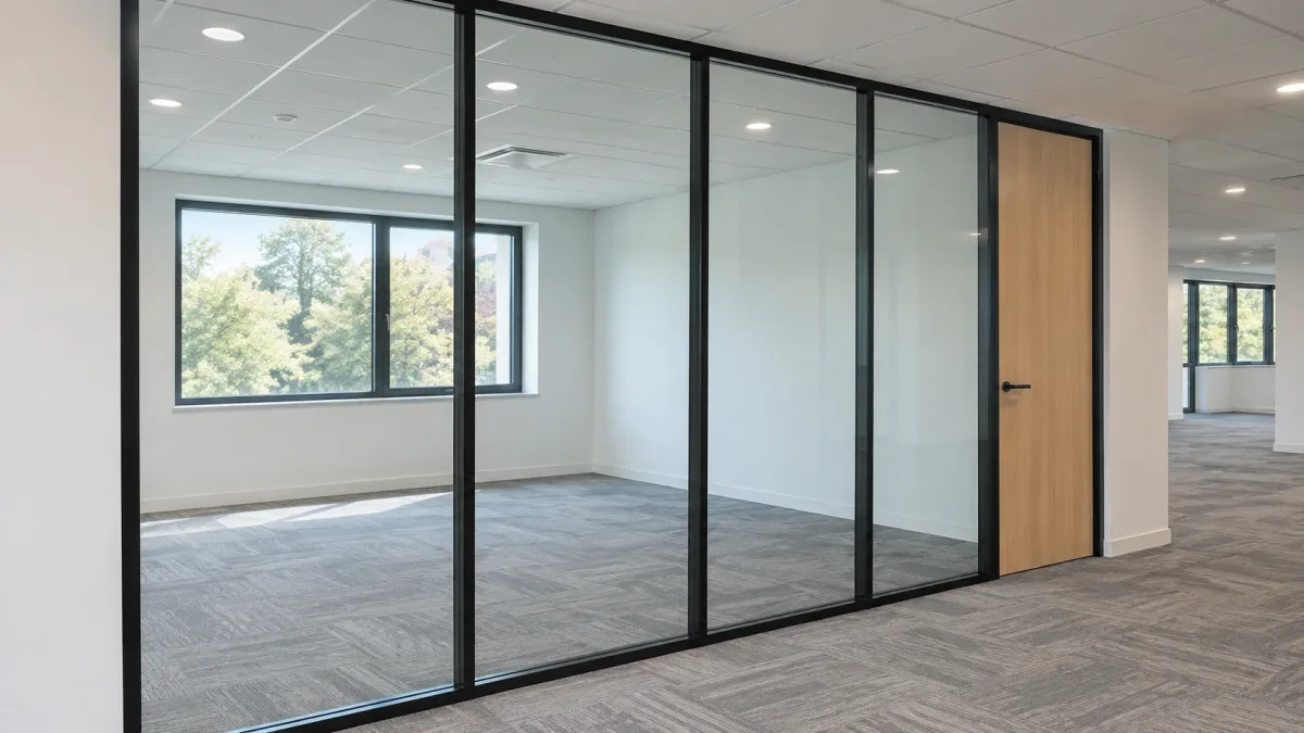 Pose de cloisons : pose de cloisons vitrées sur un plateau de bureaux, chantier ECP