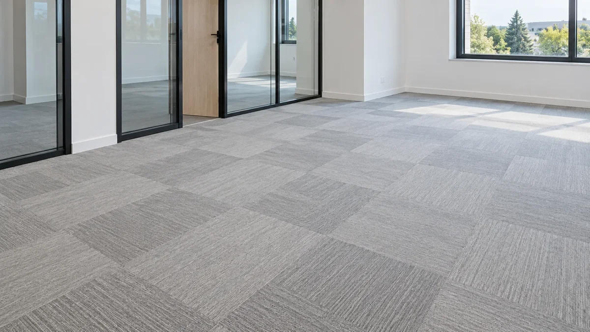 Pose de revêtements de sols : pose de dalles de moquette sur un plateau, chantier ECP